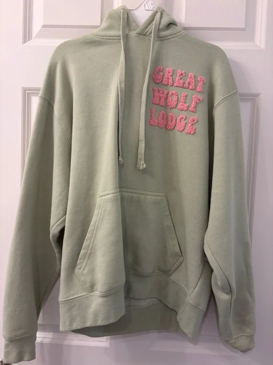 Kids Sage Green Hoodie with Pink 'Great Wolf Lodge' Patch - Picture 1 of 4